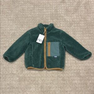 Zara Green Fleece Jacket with Tan Accents